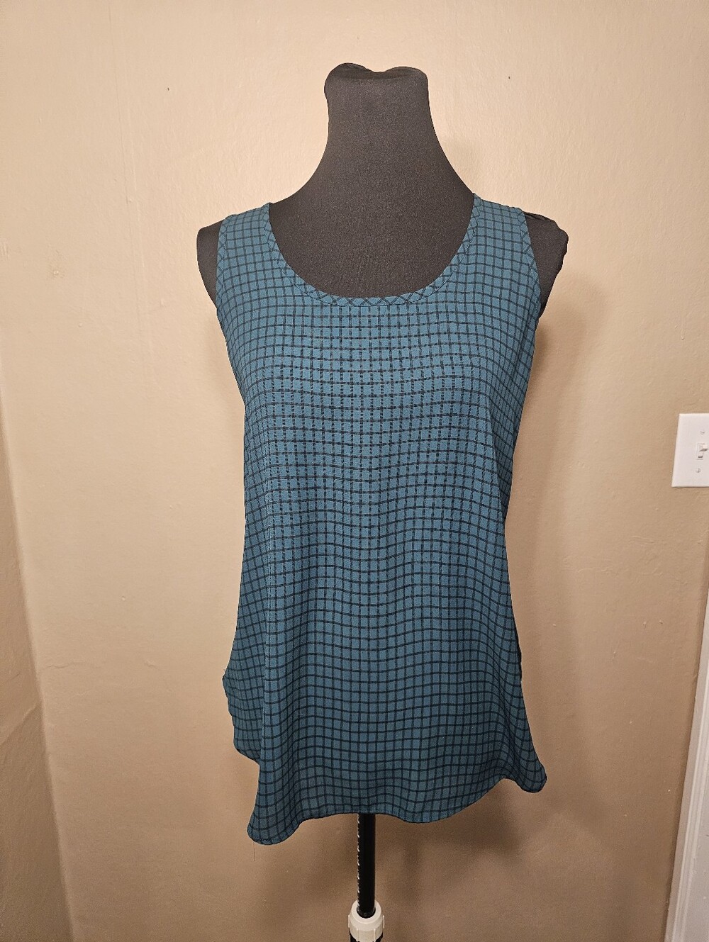Sleeveless Dark Green Plaid Blouse That Buttons Down Back